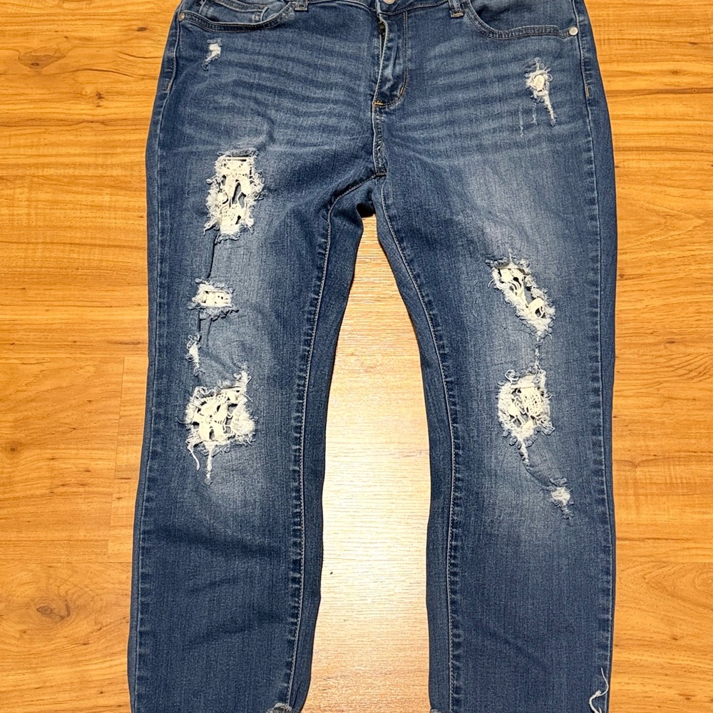 Judy Blue Distressed Boyfriend Jeans - Dark Blue